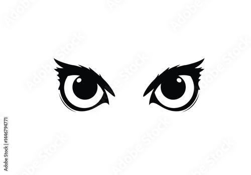 Owl eyes silhouette. A pair of stylized owl eyes in black and white, with sharp and intense features, representing the nocturnal predator's fierce gaze. Vector clipart illustration design.