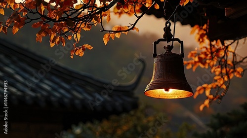 Illuminated bronze bell hangs amidst autumn foliage.