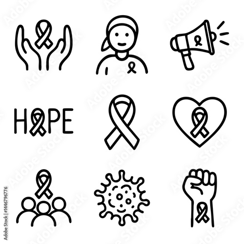 A set of doodle line icons highlighting cancer awareness themes with ribbons, survivors, hope, community, virus cells, and advocacy symbols