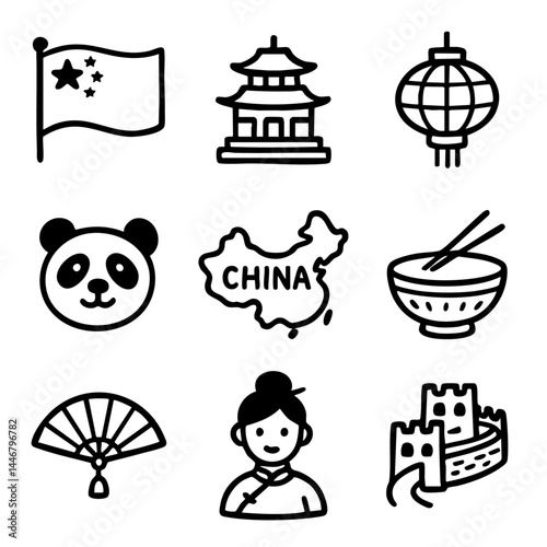 A set of doodle line icons representing Chinese culture with symbols like the Great Wall, panda, food, lantern, and traditional clothing
