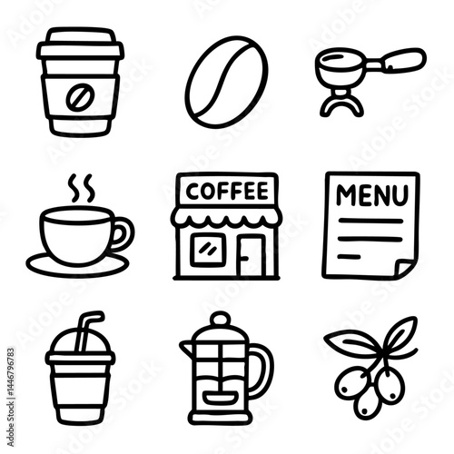 A set of doodle line icons illustrating coffee culture, including beans, cups, café storefront, brewing tools, menu, and takeaway drinks