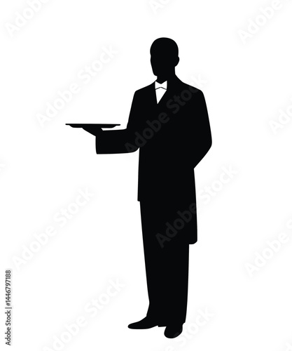 Butler silhouette. This image features a black silhouette of a butler or waiter holding a tray, dressed in formal attire including a tuxedo and bowtie. Vector clipart illustration design.