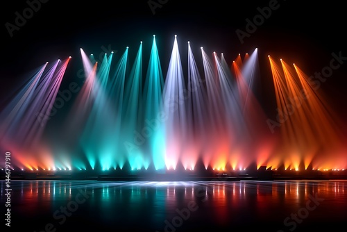 Stunning Colorful Light Show with Reflections on Water – Vibrant Stage Lighting Display for Concerts, Events, and Performances