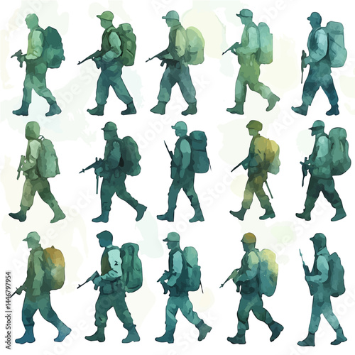 watercolor of Set Of Toy Soldiers Marching On A Battlefield, vector, isolated on a white background.