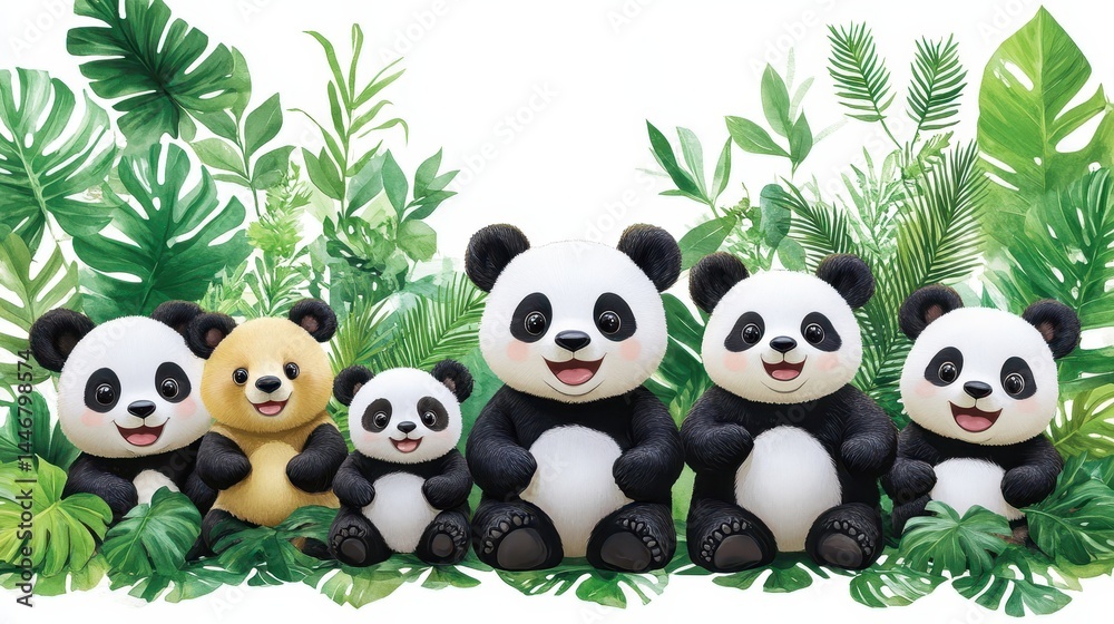 Obraz premium Illustrative panda family amidst lush foliage evoking playful whimsy and the wonders of wildlife with a touch of environmental charm and joy