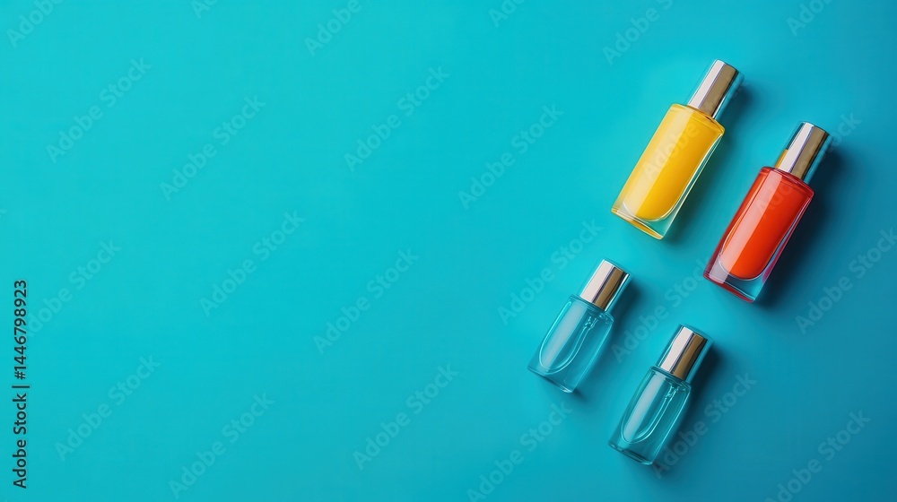 Nail polishes in bottles on color background, flat lay. Space for text Nail polishes in bottles on color background, flat lay. Space for text