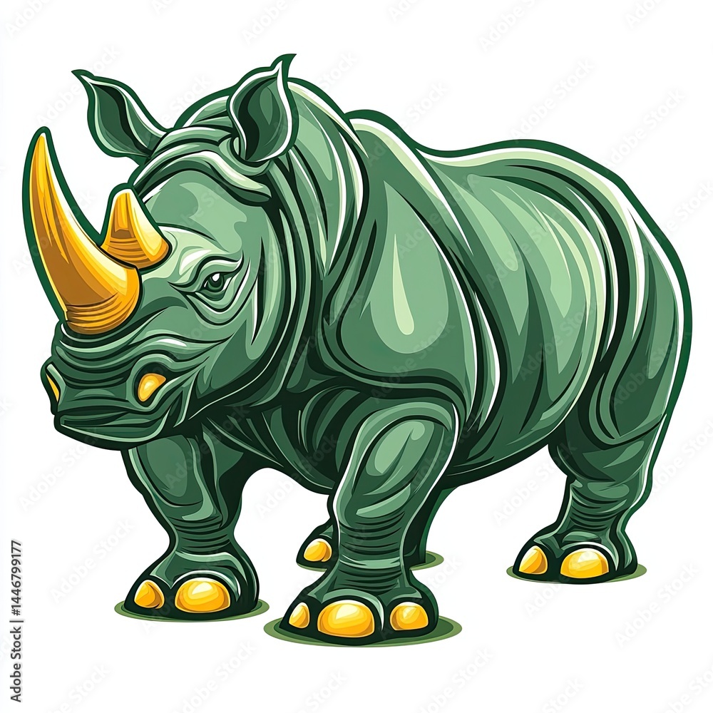 Fototapeta premium Green Rhinoceros with Gold Horn Illustration