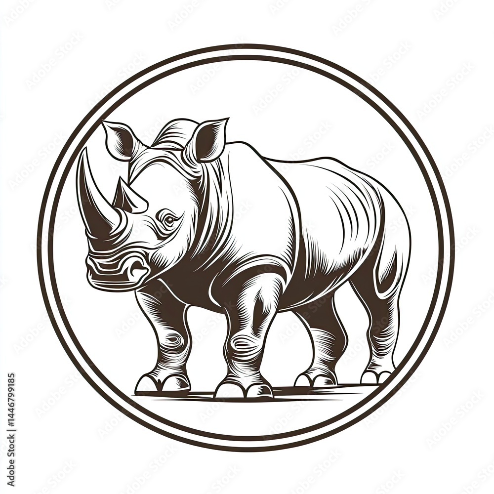 Fototapeta premium Detailed Engraving of a Rhinoceros in a Circular Frame