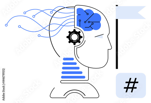 Stylized human head with gears, neural circuit symbols, flowing data lines, flag, and metadata tag. Ideal for technology, innovation, digital transformation, AI machine learning creativity