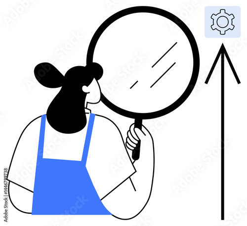 Woman in overalls holding magnifying glass, inspecting upward arrow with gear icon. Ideal for research, analysis, innovation, productivity, growth, strategy, business development simple landing page