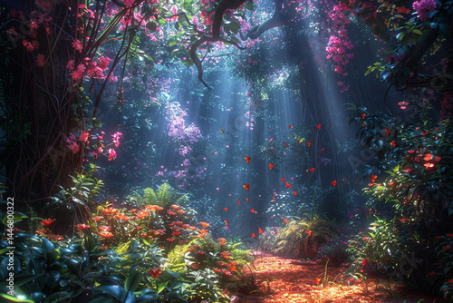 Enchanting display immerses viewers in sweet   lush paradise filled with vibrant trees and captivating light, creating sweet   peaceful atmosphere and connecting charming heavenly canopy with charming photo