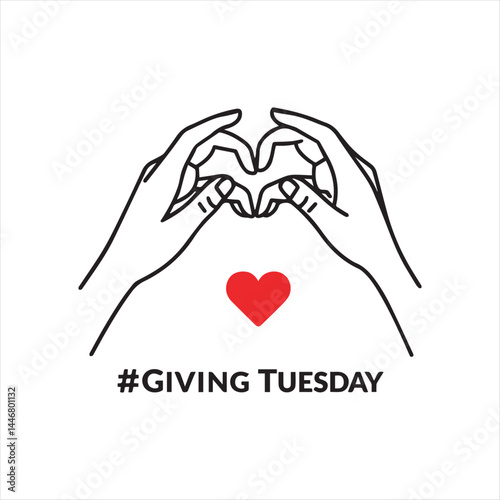 Giving Tuesday Heart Hands Illustration,Charity Donation Love Concept Drawing,Hands Forming Heart for Giving Tuesday,Minimalist Hands Holding Red Heart,Love and Kindness Charity Illustration