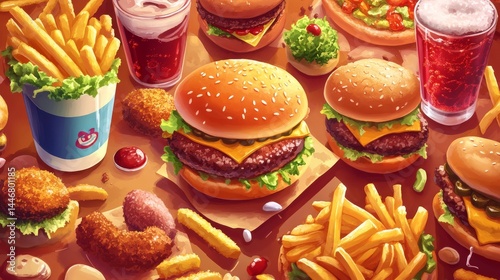 Fast food delivery menu background with various burgers, cheeseburger, nuggets, french fries, fizzy soda drinks. Junk unhealthy fast food, Ultra processed food with low nutrition, high calories value