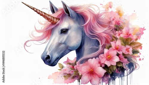 beautiful unicorn with pink flowers on an isolated white background, watercolor illustratio
