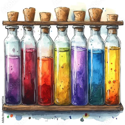 watercolor of Set Of Test Tubes Filled With Colorful Liquids, vector, isolated on a white background.