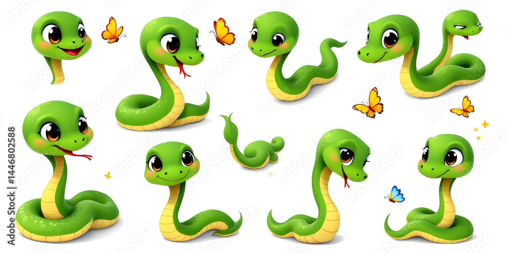 Obraz premium Cute Green Snakes Collection with Butterflies Cartoon Vector Art