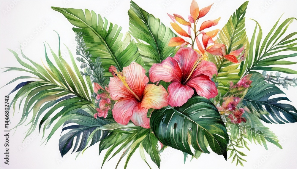 Fototapeta premium bouquet tropical palm leaves and flowers on isolated white background, watercolor illustrat