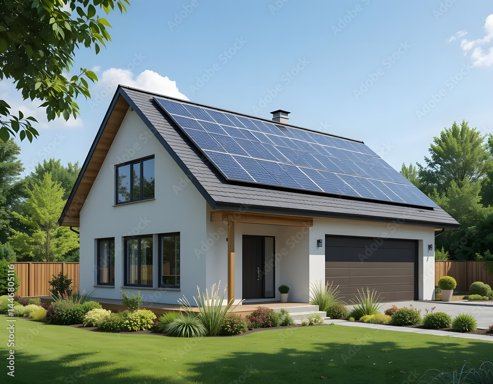 A modern home showcasing an environmentally friendly design with solar panels installed on the roof. A modern home showcasing an environmentally friendly design with solar panels installed on the roof.