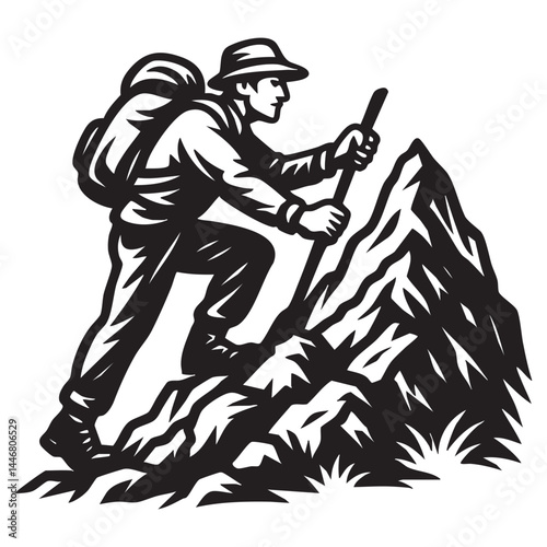 Hiker climbing rocky mountain peak vector illustration