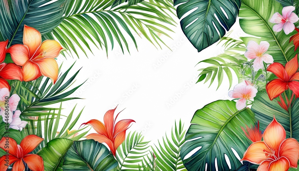 Naklejka premium Frame from palm leaves and flowers on isolated white background, watercolor tropical design