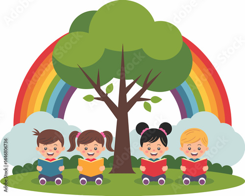 Happy Diverse Kids Reading Books Under Rainbow Tree - Preschool Education Illustration