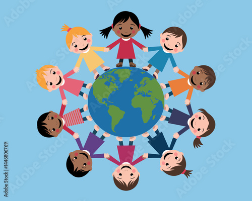Diverse Children Holding Hands Around Earth Globe - Global Unity, Friendship, Teamwork Illustration