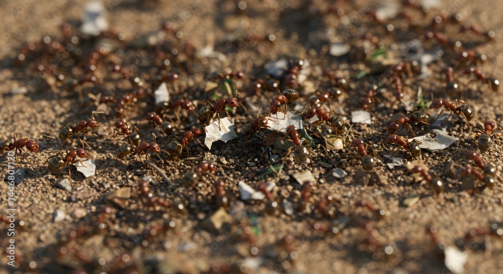 Bustling Ant Colony Meticulously Sorting Miniature Refuse on Tan Ground Highlighting Waste Management and Detailed Organization in Nature Bustling Ant Colony Meticulously Sorting Miniature Refuse on Tan Ground Highlighting Waste Management and Detailed Organization in Nature