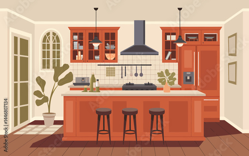 Modern Orange Kitchen Interior Design: Island, Cabinets, & Appliances