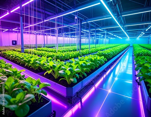 Indoor vertical farm with vibrant LED grow lights illuminating rows of lush greens. Modern hydroponic agriculture technology.