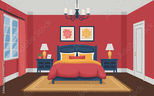 Cozy Red Bedroom Interior Design: Modern Bed, Nightstands & Rug