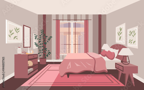 Serene Bedroom Interior Design: Pink Bed, Plants, and Modern Decor - Vector Illustration