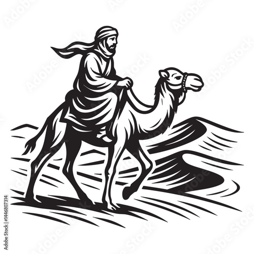Desert explorer riding camel across dunes vector illustration