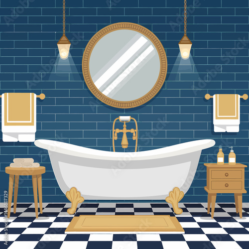 Elegant Bathroom Interior: Clawfoot Tub, Blue Brick Walls, Gold Accents - Vector Illustration