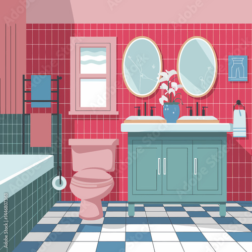 Retro Pink Bathroom Interior Design: Vector Illustration of Modern Bathroom with Double Vanity, Checkered Floor, and Red Brick Walls