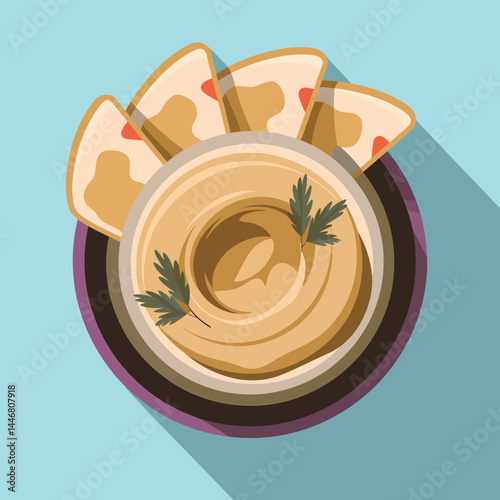 Delicious Hummus with Pita Bread: Top View Flat Lay Food Illustration