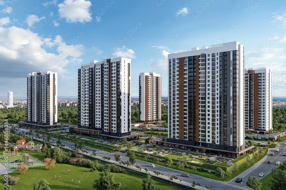 Modern apartment complex with retail shops and green spaces Modern apartment complex with retail shops and green spaces