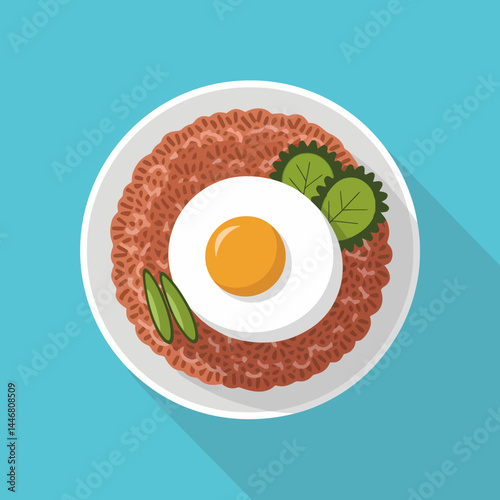 Fried Egg with Brown Rice and Garnishes: Top View Flatlay Food Illustration