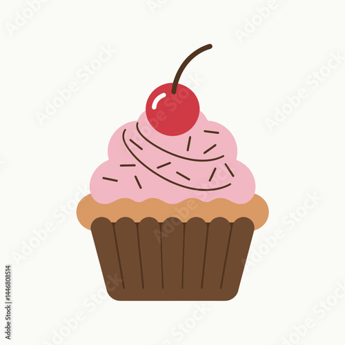 Pink Cupcake with Cherry Vector Illustration - Sweet Bakery Dessert Graphic