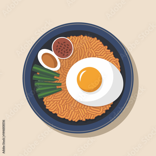 Fried Egg Noodles with Fried Egg, Scallions, and Sauce - Asian Cuisine Illustration