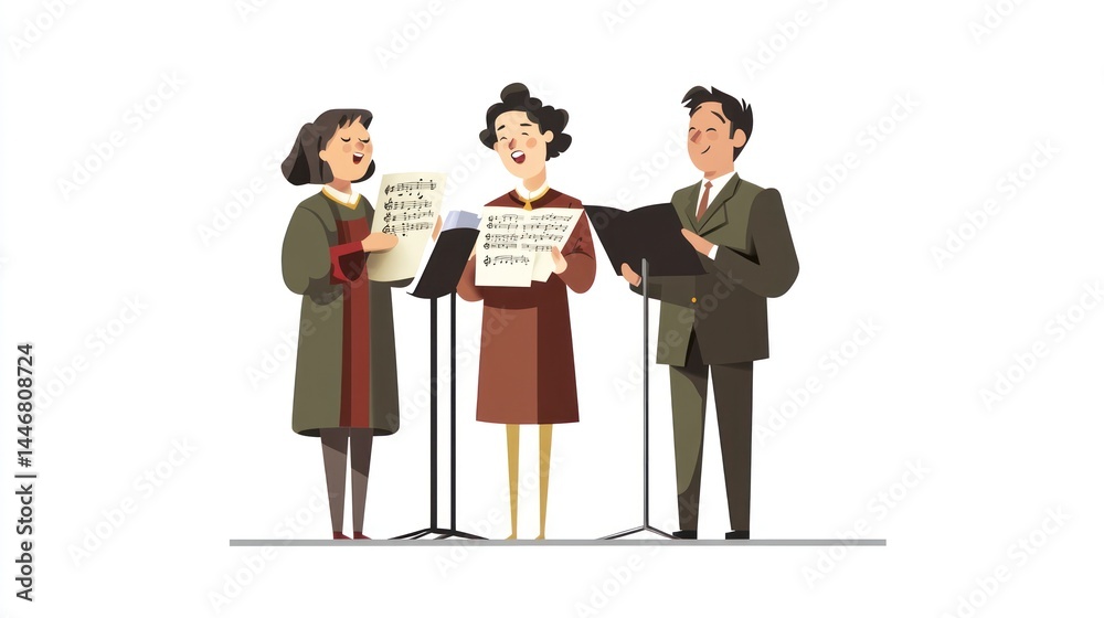 Obraz premium Three people singing together, holding sheet music. They are dressed in formal attire, likely a choir or chorus