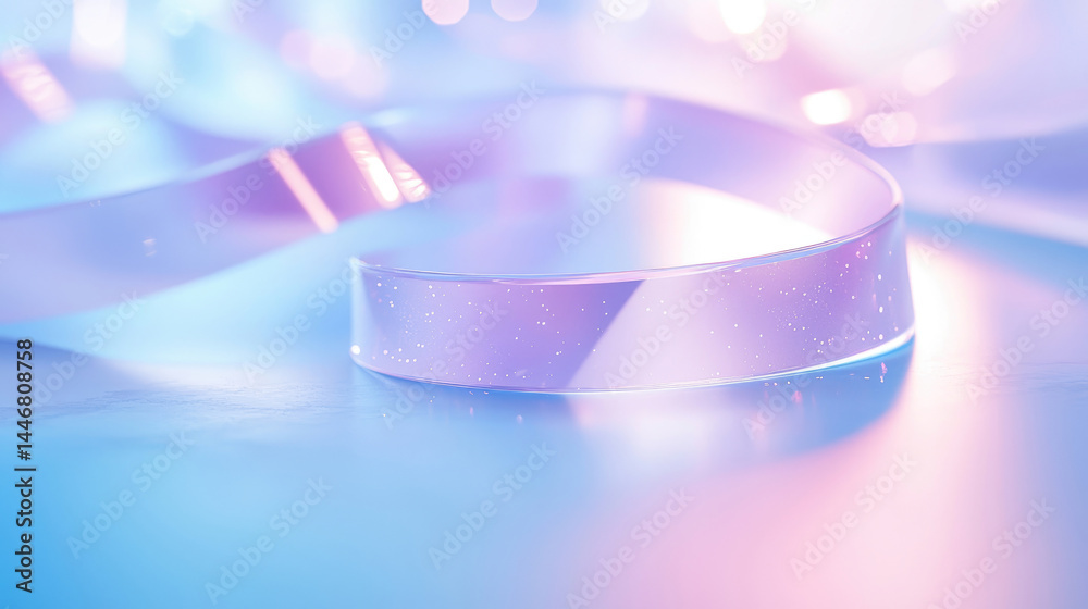 Abstract close-up of a translucent, curved band, bathed in soft, pastel hues of pink and blue. Details of the band's reflective surface and subtle color gradients are visible Abstract close-up of a translucent, curved band, bathed in soft, pastel hues of pink and blue. Details of the band's reflective surface and subtle color gradients are visible