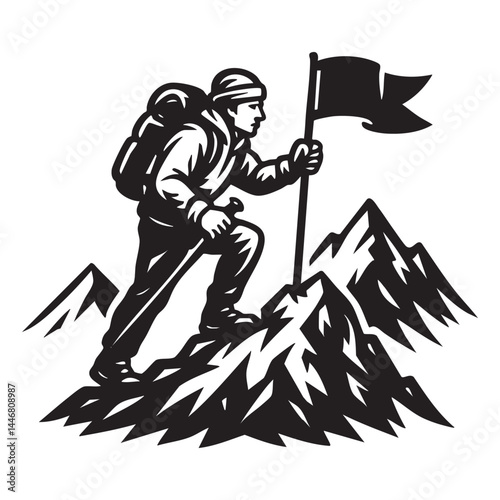 Mountaineer planting flag on summit vector illustration