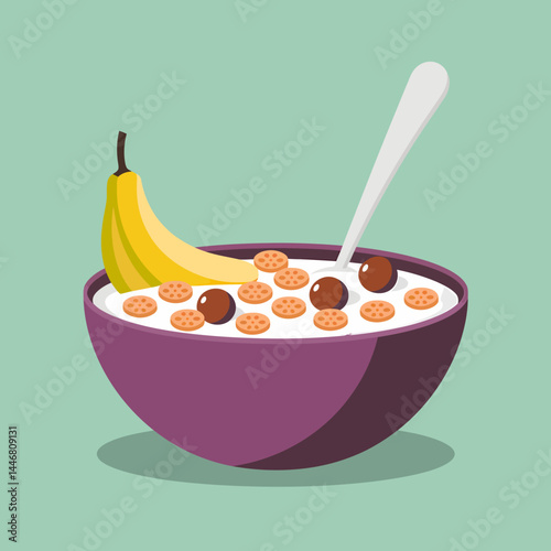 Delicious Breakfast Cereal Bowl with Banana and Milk - Stock Photo