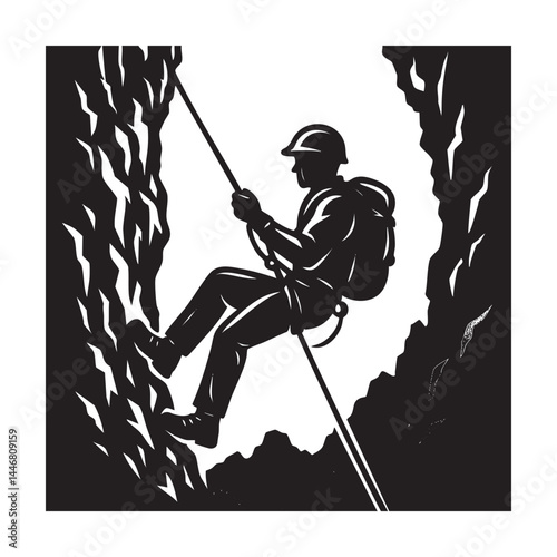 Rappeller descending rocky canyon wall vector illustration