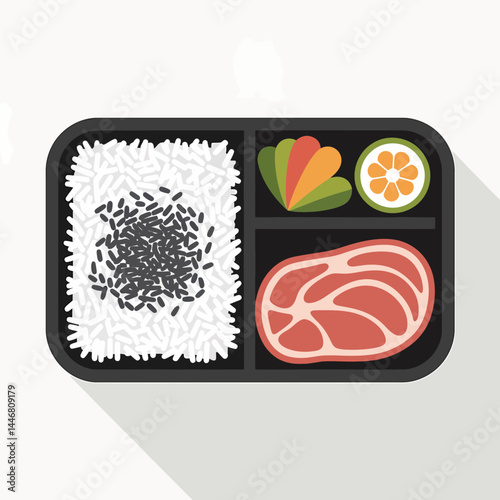 Delicious Bento Box Lunch: Flat Lay Vector Illustration of Rice, Meat, and Vegetables