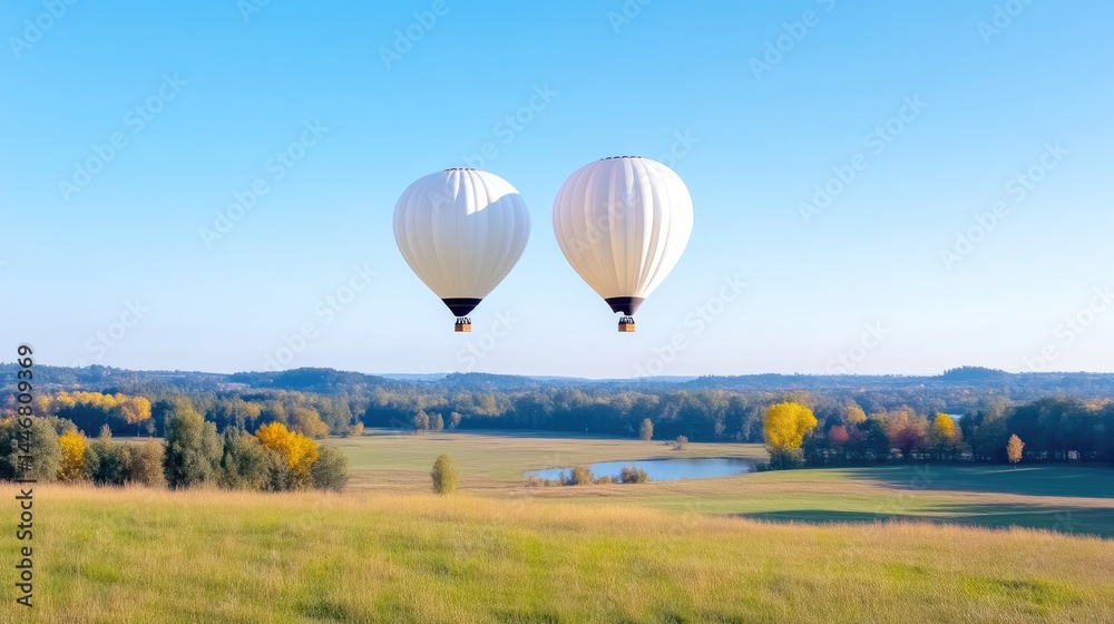 Obraz premium Two white hot air balloons soar over a scenic autumn landscape