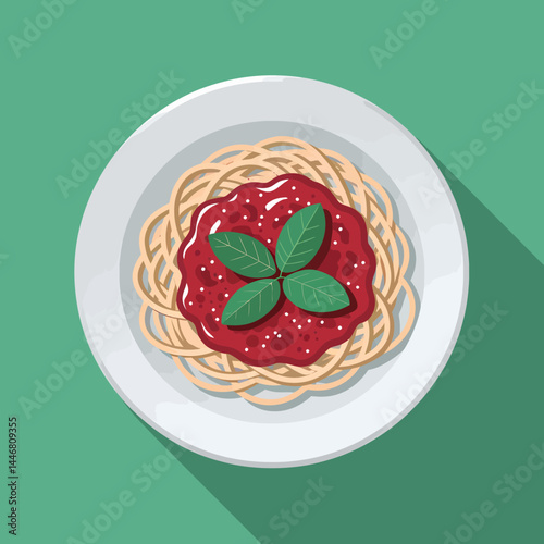 Delicious Spaghetti with Marinara Sauce and Basil - Flat Lay Food Illustration