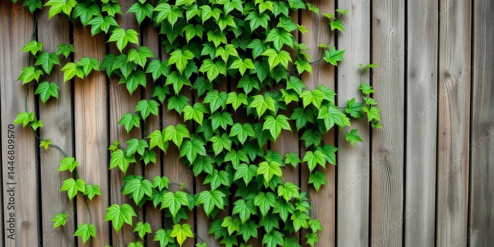 Twisted climbing vine with lush green leaves against a weathered wood fence, texture, agriculture Twisted climbing vine with lush green leaves against a weathered wood fence, texture, agriculture