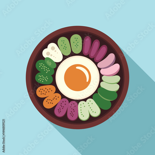 Vibrant Korean Bibimbap Illustration: Flat Design, Top View, Colorful Vegetable Arrangement, Fried Egg Center