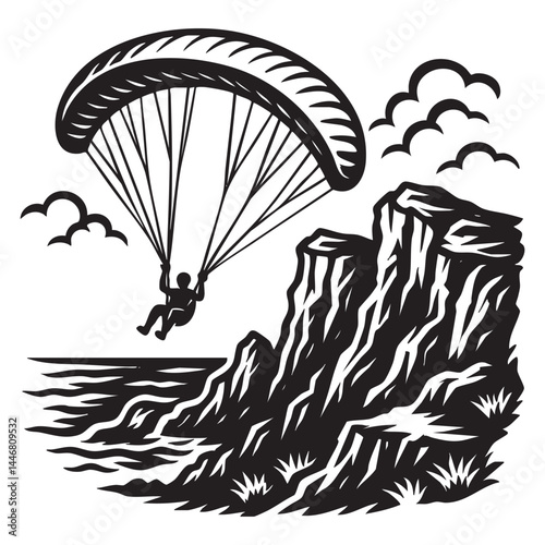 Paraglider soaring over rocky cliffs vector illustration